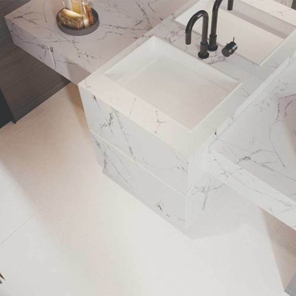 white sintered stone bathroom vanity top