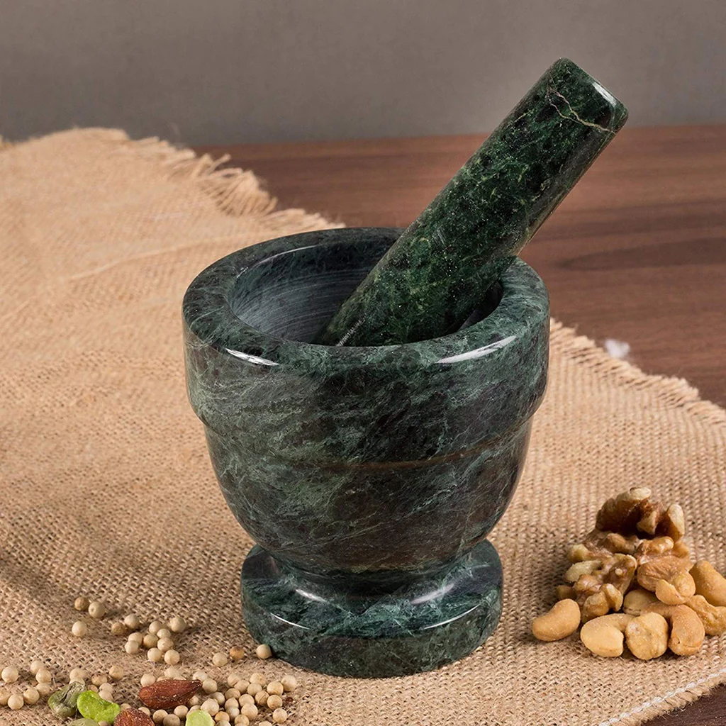 Green marble mortar pestle set