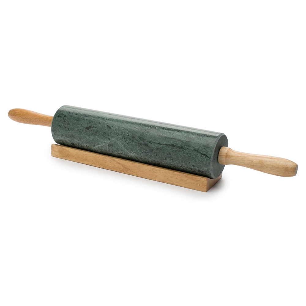 green marble rolling pin on base